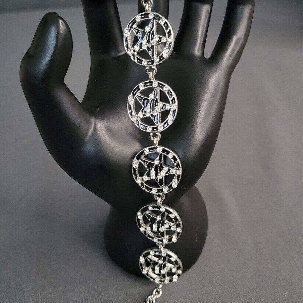 Texas Star Silver Tone Black Enamel Rhinestone Toggle Bracelet 6 3/4 in
